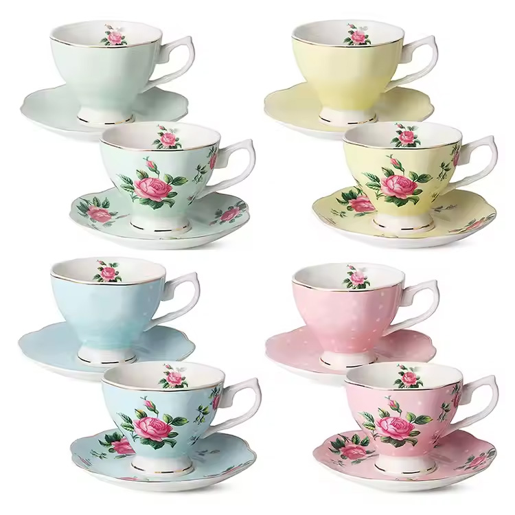 Bone China Floral Latte Multi-Color Tea Cups og Saucers sæt
