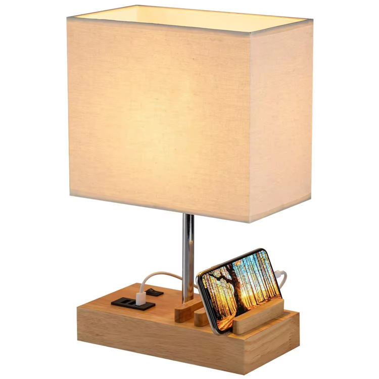 Moderne USB Charging Port Base Træ Hotel Bordlampe